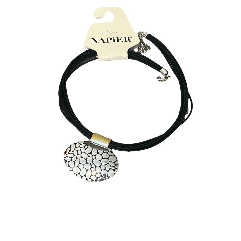 Lot Of 3 Leather, Silver Chokers- NAPIER Pebble, RMN Abalone, Silver & Leaf - Picture 2 of 7